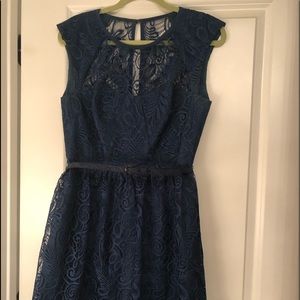 Trina Turk dark blue, lace overlay, midi dress